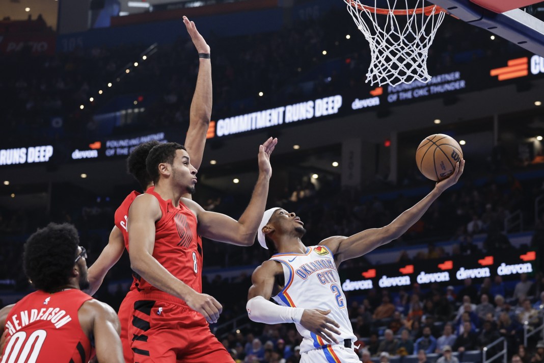Oklahoma City Thunder guard Shai Gilgeous-Alexander goes to the basket against the Portland Trail Blazers.