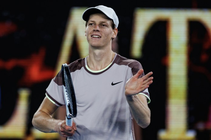 Jannik Sinner celebrates a win over Andrey Rublev at the 2024 Australian Open.