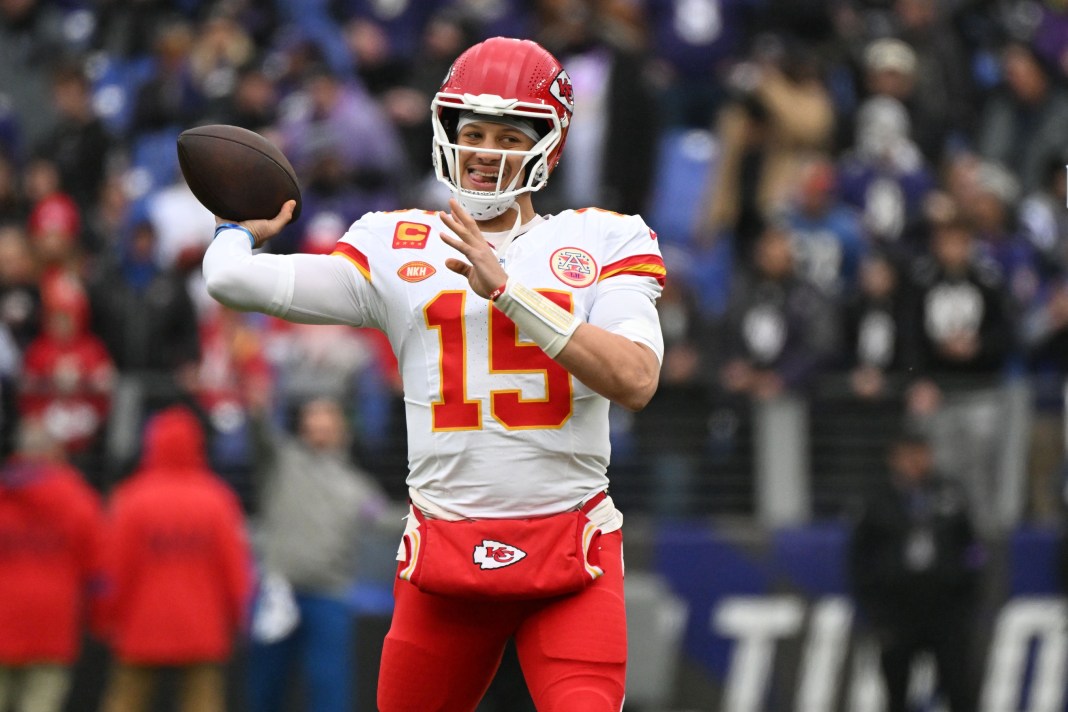 NFL: AFC Championship-Kansas City Chiefs at Baltimore Ravens Kansas City Chiefs quarterback Patrick Mahomes warms up prior to the AFC Championship game against the Baltimore Ravens.