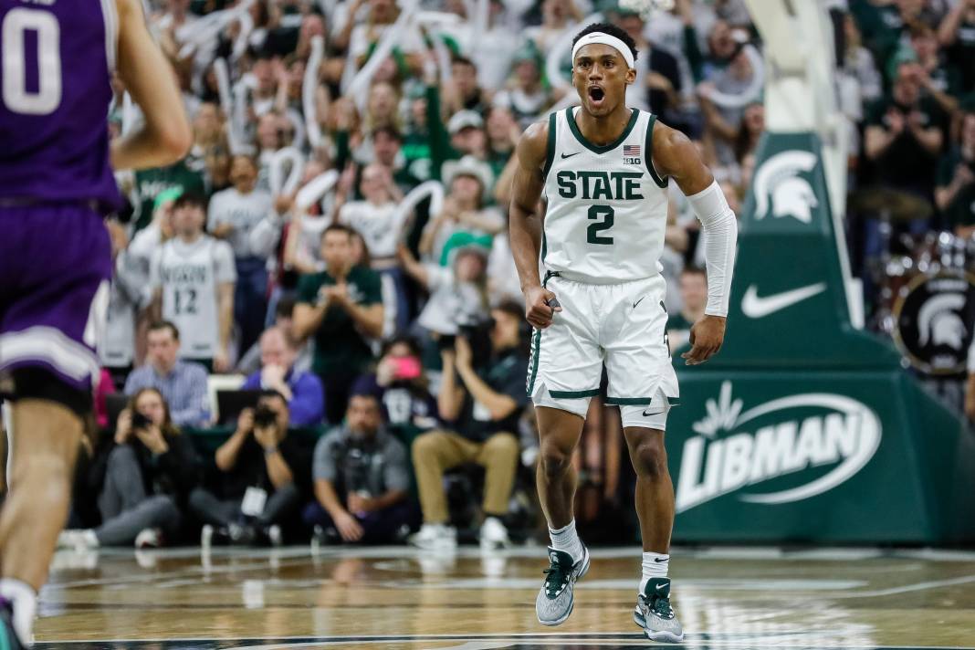 Syndication: Detroit Free Press Michigan State guard Tyson Walker (2) celebrates a play against Northwestern during the second half at Breslin Center in East Lansing