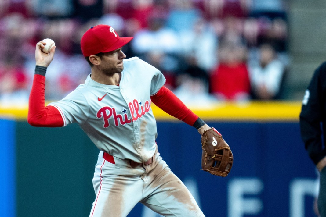 Philadelphia Phillies shortstop Trea Turner pitches during the MLB baseball game between the Cincinnati Reds and the Philadelphia Phillies.