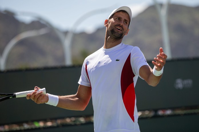 Syndication: Desert Sun Novak Djokovic shrugs off a moment during a session on Practice Court 2 at the BNP Paribas Open in Indian Wells, Calif., Mar. 6, 2024.