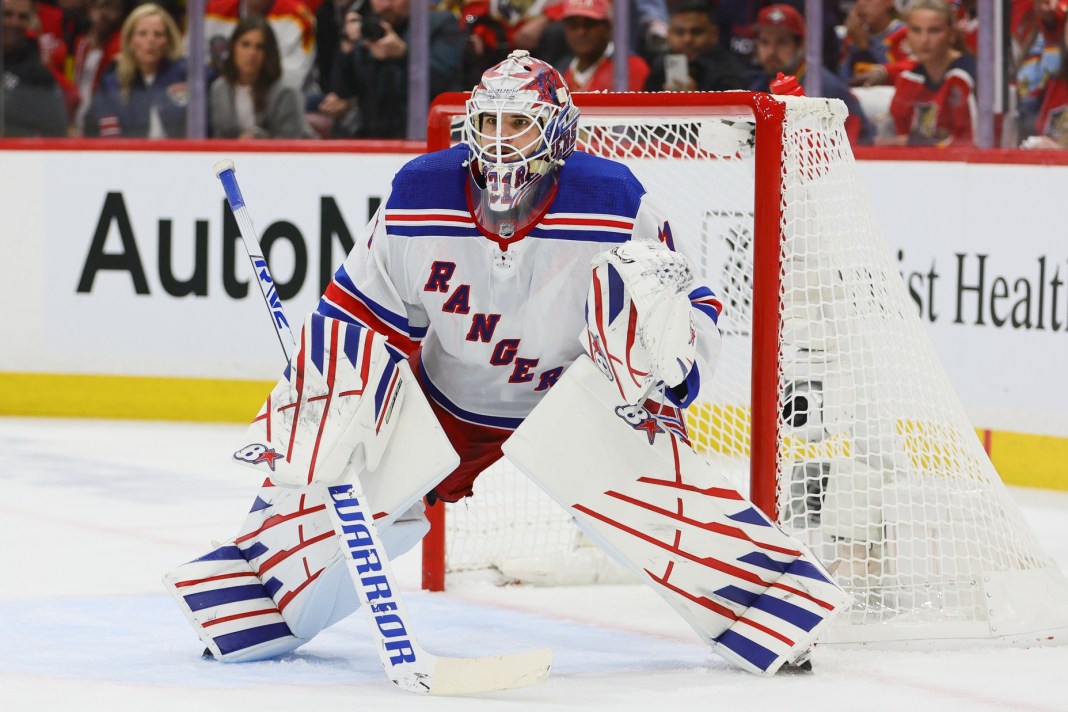NHL: Stanley Cup Playoffs-New York Rangers at Florida Panthers New York Rangers goaltender Igor Shesterkin guards against the Florida Panthers during the 2024 Stanley Cup Playoffs at Amerant Bank Arena.