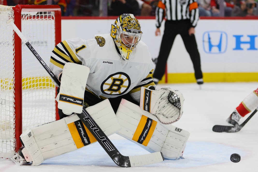 NHL: Stanley Cup Playoffs-Boston Bruins at Florida Panthers Boston Bruins goaltender Jeremy Swayman (1) defends his net against the Florida Panthers during the second period in game one of the second round of the 2024 Stanley Cup Playoffs
