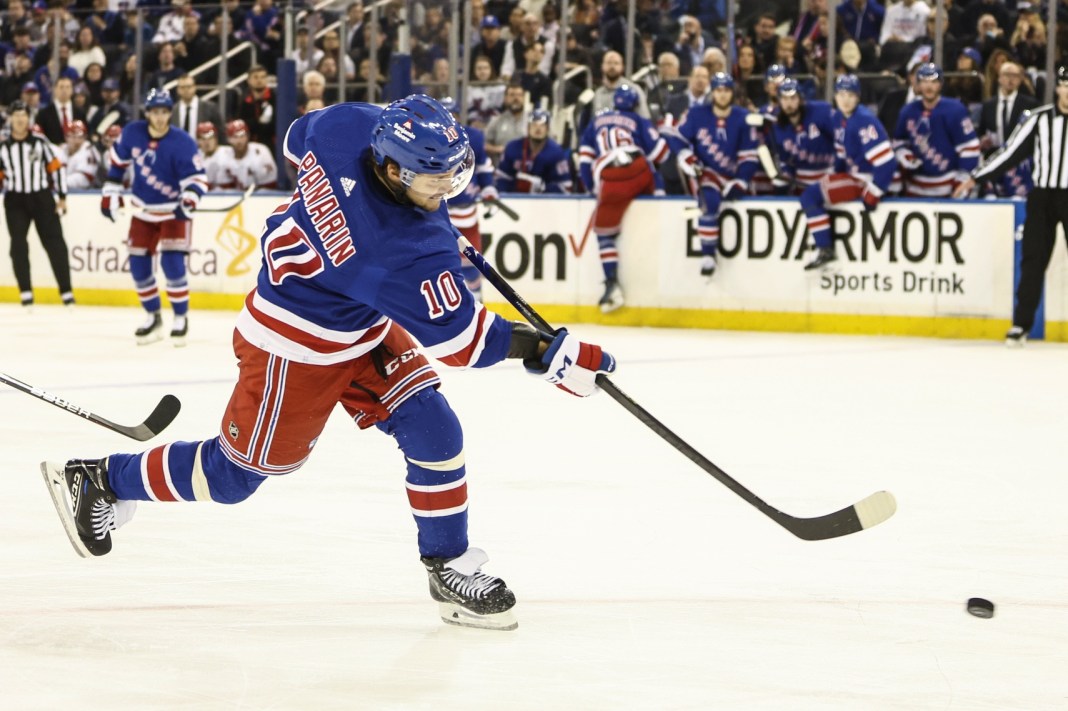 NHL: Stanley Cup Playoffs-Carolina Hurricanes at New York Rangers New York Rangers left wing Artemi Panarin attempts a shot on goal against the Carolina Hurricanes in the 2024 Stanley Cup Playoffs.