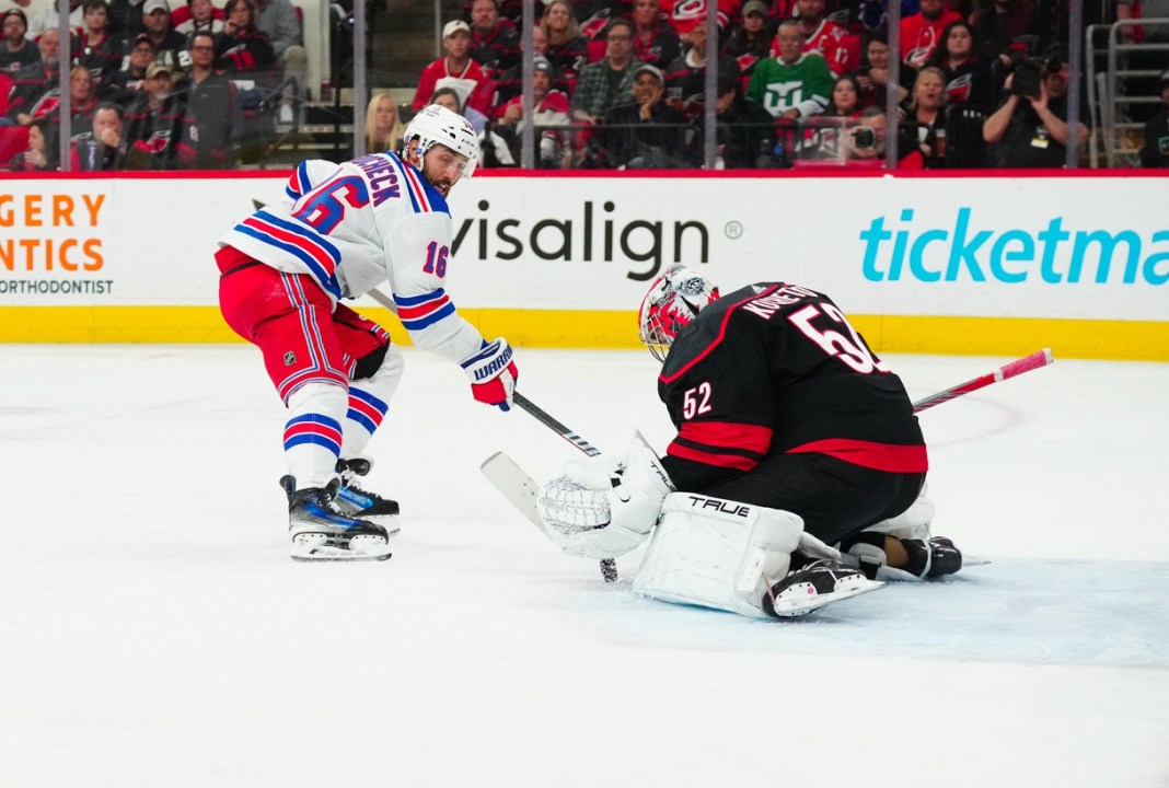 NHL: Stanley Cup Playoffs-New York Rangers at Carolina Hurricanes Carolina Hurricanes goaltender Pyotr Kochetkov (52) stops the scoring attempt by New York Rangers center Vincent Trocheck (16)