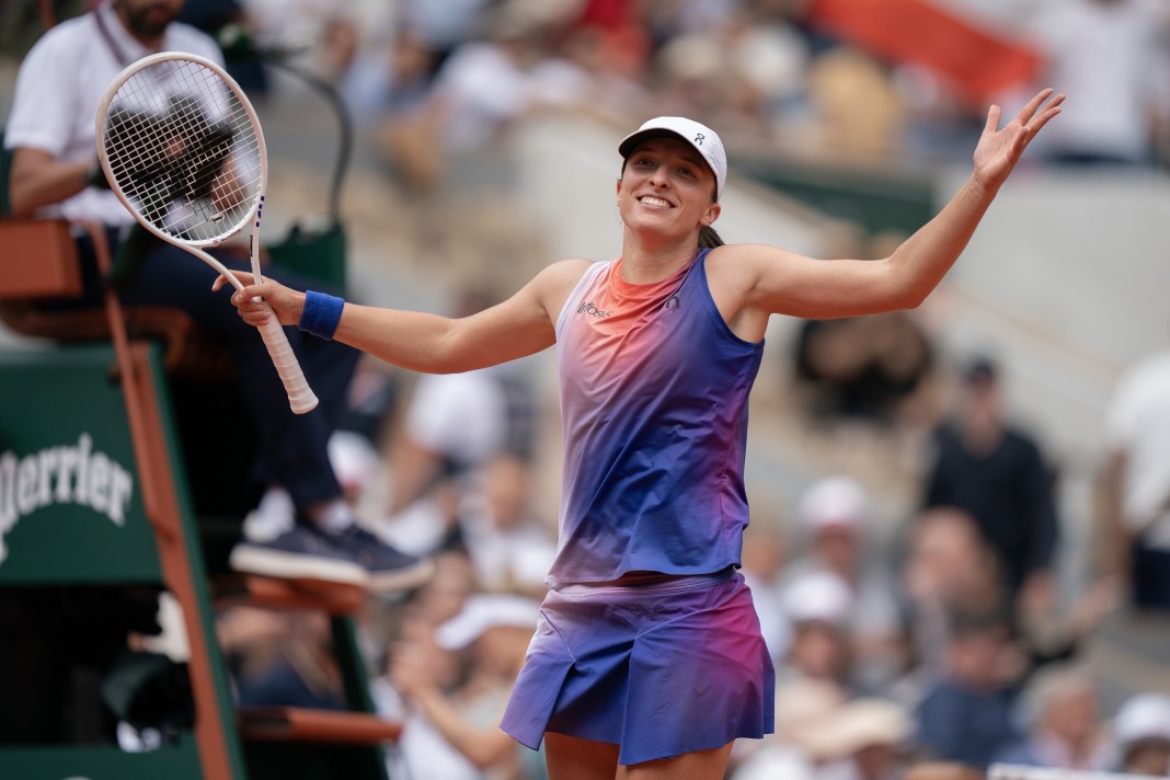 Tennis: French Open Iga Swiatek celebrates a win over Marketa Vondrousova in the French Open quarterfinals.