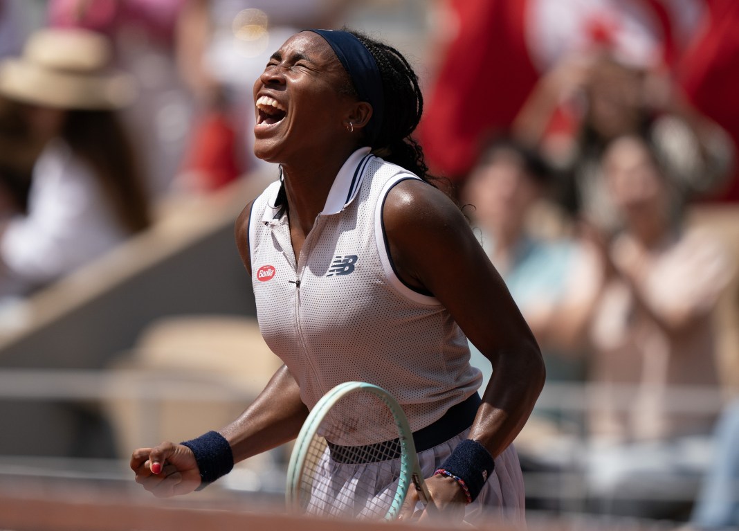 Tennis: French Open Coco Gauff celebrates her win over Ons Jabeur in the French Open quarterfinals.