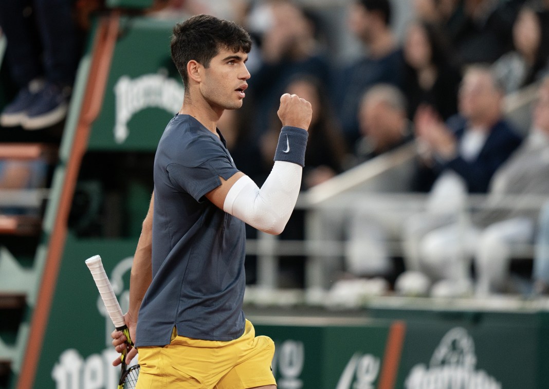 Tennis: French Open Carlos Alcaraz celebrates winning a big point against Stefanos Tsitsipas in the French Open quarterfinals.