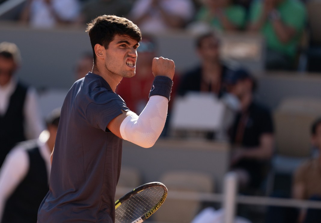 Tennis: French Open Carlos Alcaraz celebrates a big point against Jannik Sinner in the French Open semifinals.