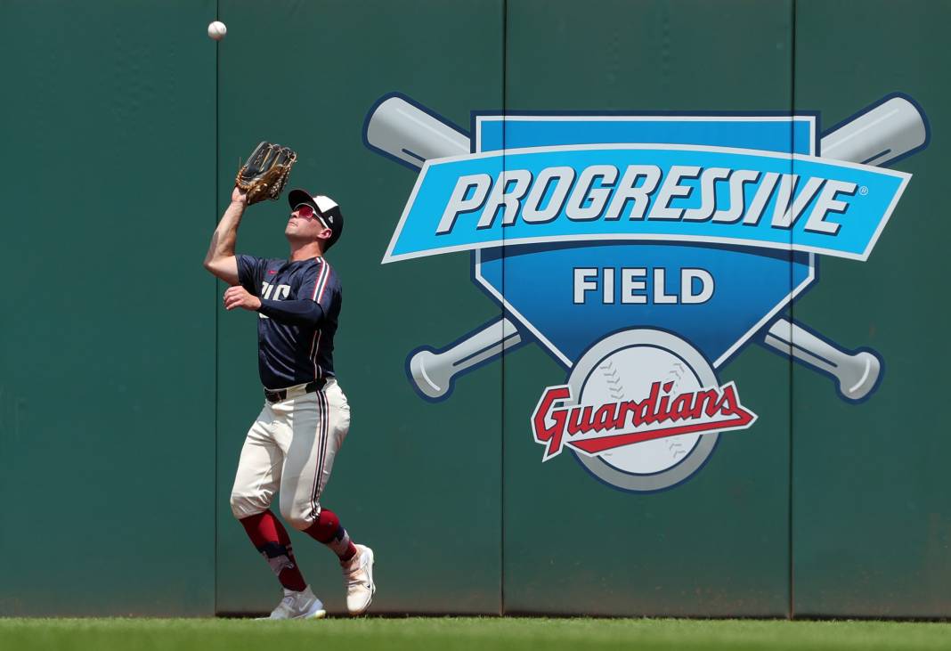 Syndication: Akron Beacon Journal Cleveland Guardians right fielder Will Brennan gets under a fly ball during the second inning of an MLB game at Progressive Field.
