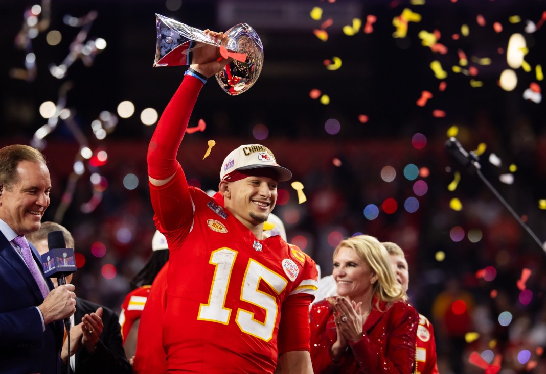 NFL: Super Bowl LVIII-San Francisco 49ers at Kansas City Chiefs Kansas City Chiefs quarterback Patrick Mahomes (15) celebrates with the Vince Lombardi Trophy after defeating the San Francisco 49ers