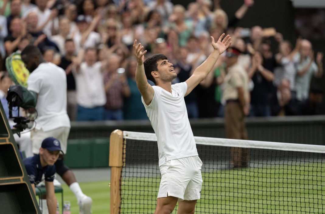 Tennis: Wimbledon Carlos Alcaraz celebrates after his win over Frances Tiafoe at Wimbledon.