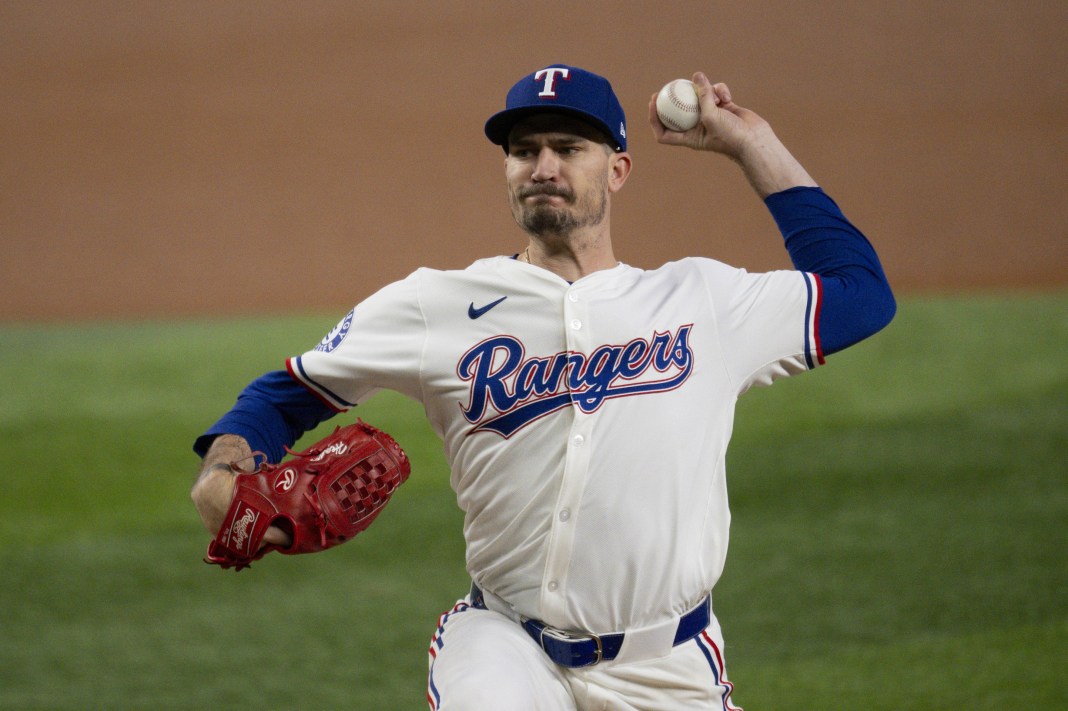 Texas Rangers starting pitcher Andrew Heaney (44) delivers a pitch during the first inning of the game against the Pittsburgh Pirates at Globe Life Field in Arlington, Texas, on August 21, 2024.