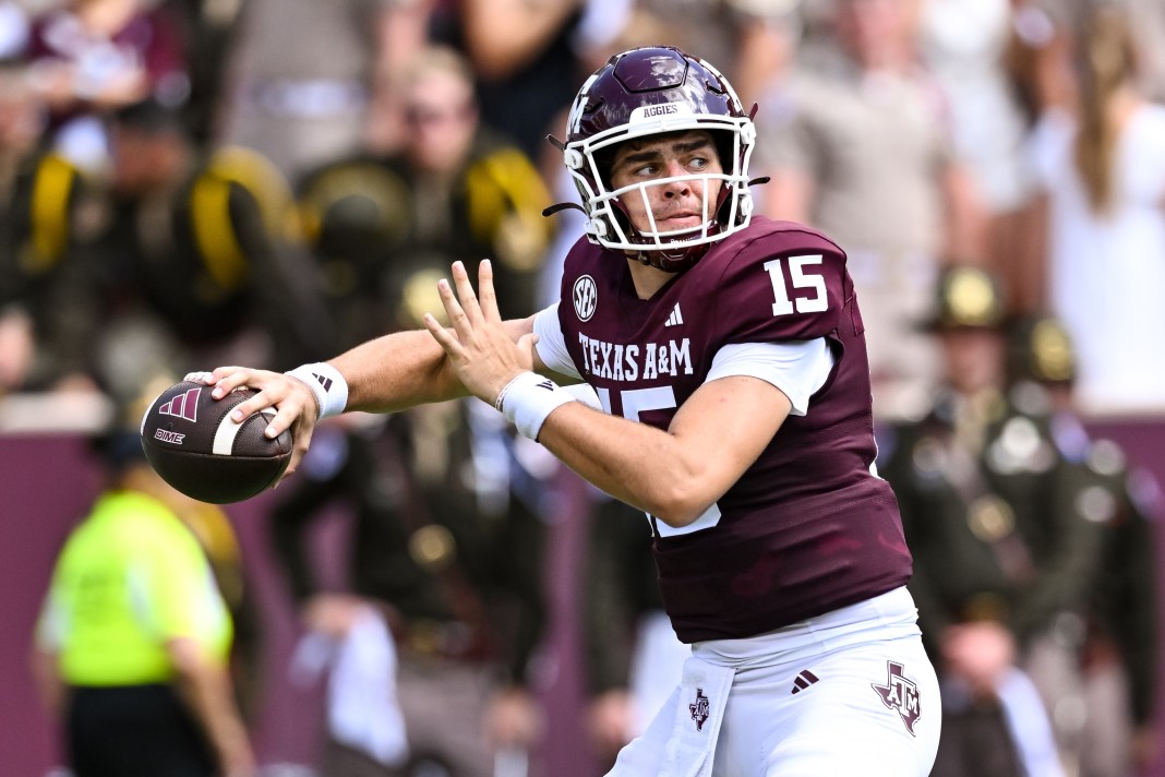 Texas A&M Aggies quarterback Conner Weigman (15) looks to throw the ball during the second quarter of the game against the Auburn Tigers at Kyle Field in College Station, Texas, on September 23, 2023.