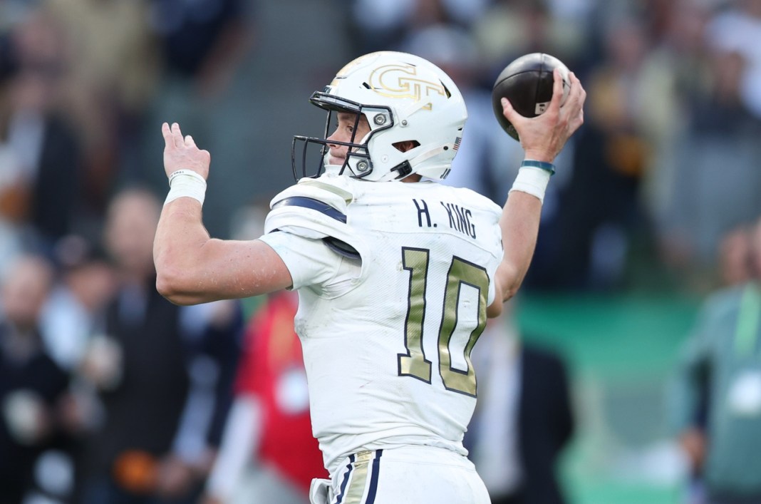 Georgia Tech quarterback Haynes King passes the ball during the game against Florida State at Aviva Stadium in Dublin, Ireland, on August 24, 2024.