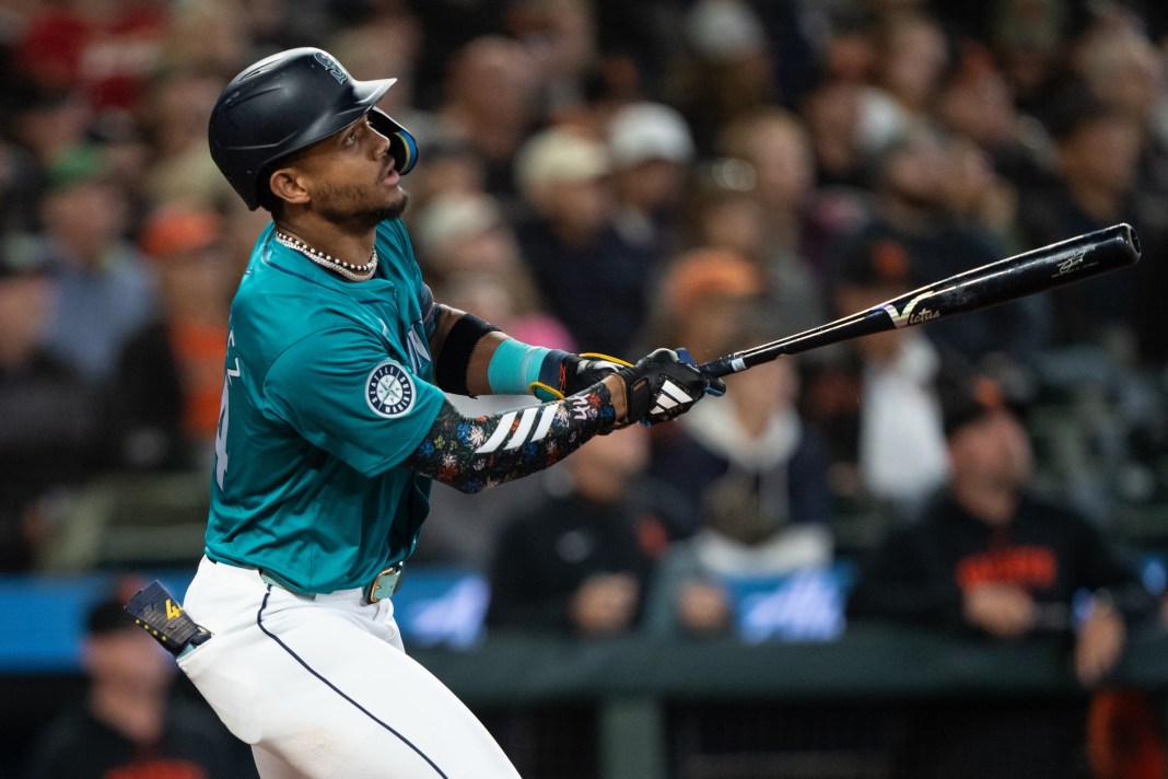 MLB: San Francisco Giants at Seattle Mariners Seattle Mariners centerfielder Julio Rodriguez (44) hits a double during the seventh inning of the game against the San Francisco Giants at T-Mobile Park in Seattle, Washington, on August 23, 2024.