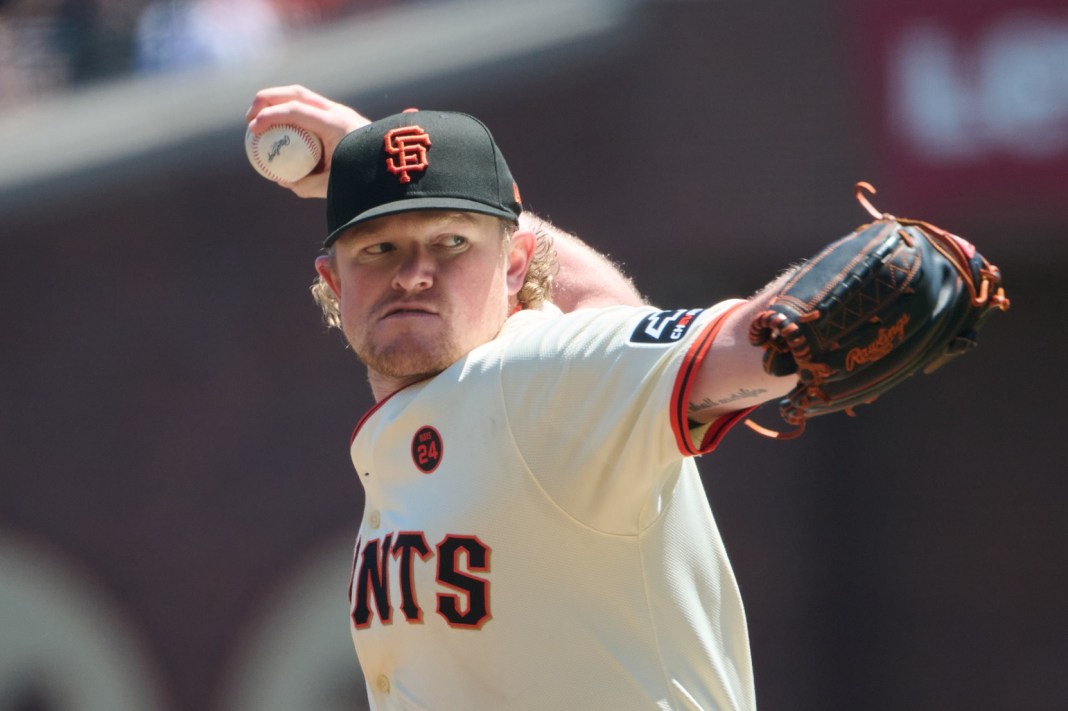 San Francisco Giants starting pitcher Logan Webb (62) delivers a pitch during the first inning of the game against the Detroit Tigers at Oracle Park in San Francisco, California, on August 10, 2024.