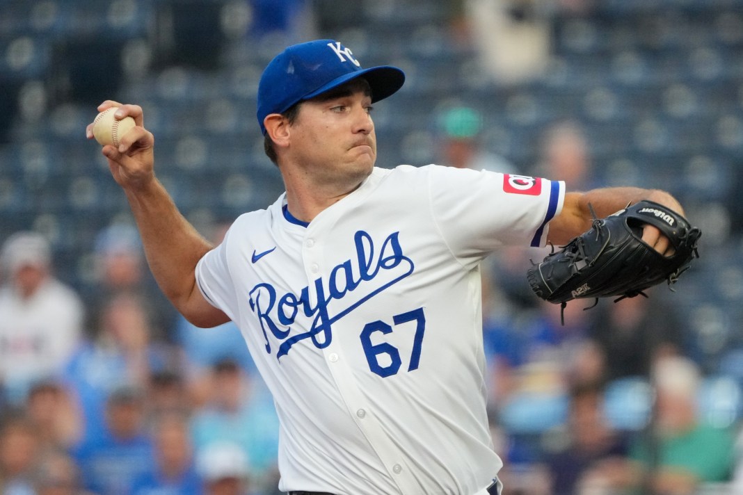 Kansas City Royals starting pitcher Seth Lugo (67) delivers a pitch during the first inning of the game against the Los Angeles Angels at Kauffman Stadium in Kansas City, Missouri, on August 19, 2024.