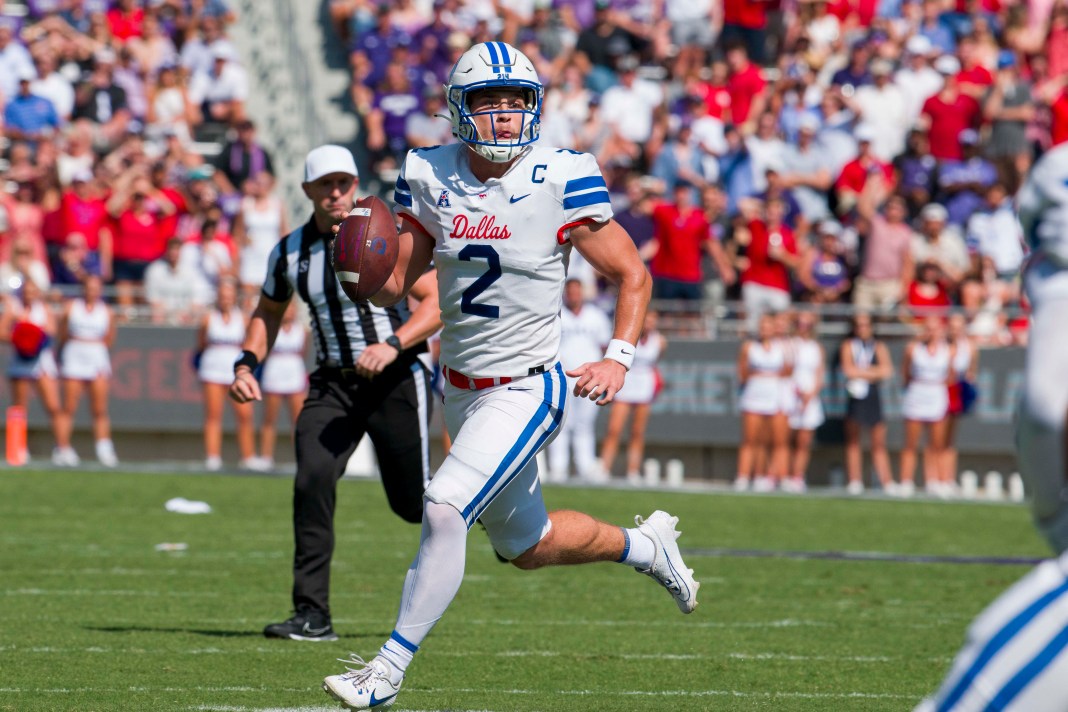 SMU Mustangs quarterback Preston Stone (2) rolls out during the first half of the game against the TCU Horned Frogs at Amon G. Carter Stadium in Fort Worth, Texas, on September 23, 2023.