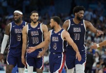 Olympic Basketball Predictions: Picks and analysis for Thursday, August 8th LeBron James, Jayson Tatum, Steph Curry and Joel Embiid walk during Team USA's win over Puerto Rico at the 2024 Paris Olympics.