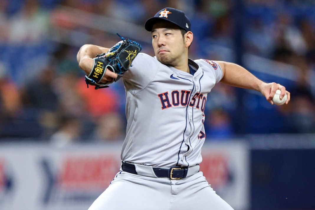 Houston Astros pitcher Yusei Kikuchi (16) delivers a pitch during the first inning of the game against the Houston Astros at Tropicana Field in St. Petersburg, Florida, on August 13, 2024.