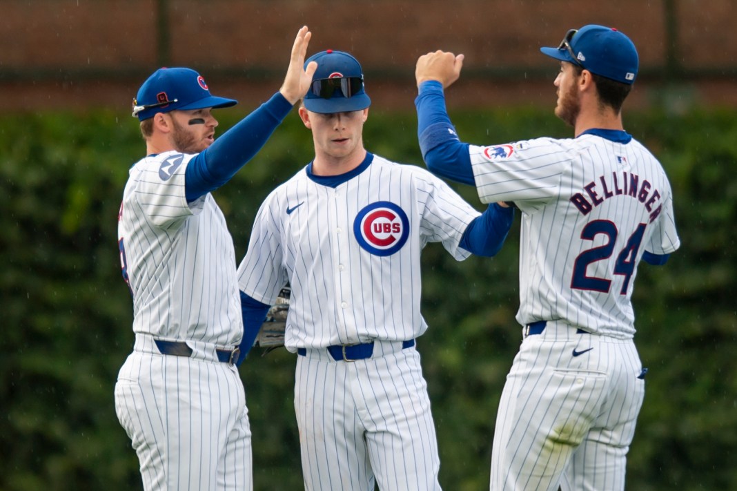 The Chicago Cubs celebrate after defeating the Toronto Blue Jays at Wrigley Field in Chicago, Illinois, on August 17, 2024.