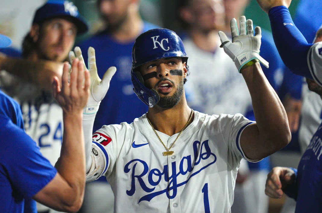 Kansas City Royals left fielder MJ Melendez (1) is congratulated by teammates after hitting a home run during the sixth inning of the game against the Los Angeles Angels at Kauffman Stadium in Kansas City, Missouri, on August 21, 2024.