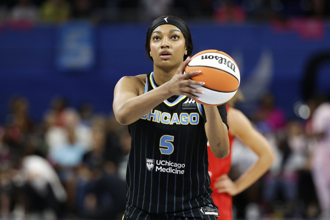 Chicago Sky forward Angel Reese (5) shoots a free throw during the second half of the game against the Indiana Fever at Wintrust Arena in Chicago, Illinois, on August 30, 2024.