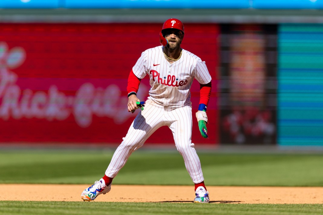 Philadelphia Phillies first baseman Bryce Harper (3) in action against the Atlanta Braves at Citizens Bank Park on March 29, 2024.