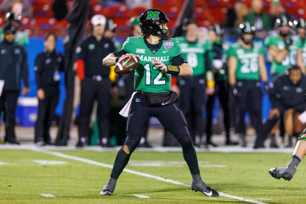 NCAA Football: Frisco Bowl-Texas-San Antonio at Marshall Marshall Thundering Herd quarterback Cole Pennington (12) during the first quarter against the UTSA Roadrunners at Toyota Stadium in Frisco, Texas, on December 19, 2023. Mandatory Credit: Andrew Dieb-USA TODAY Sports