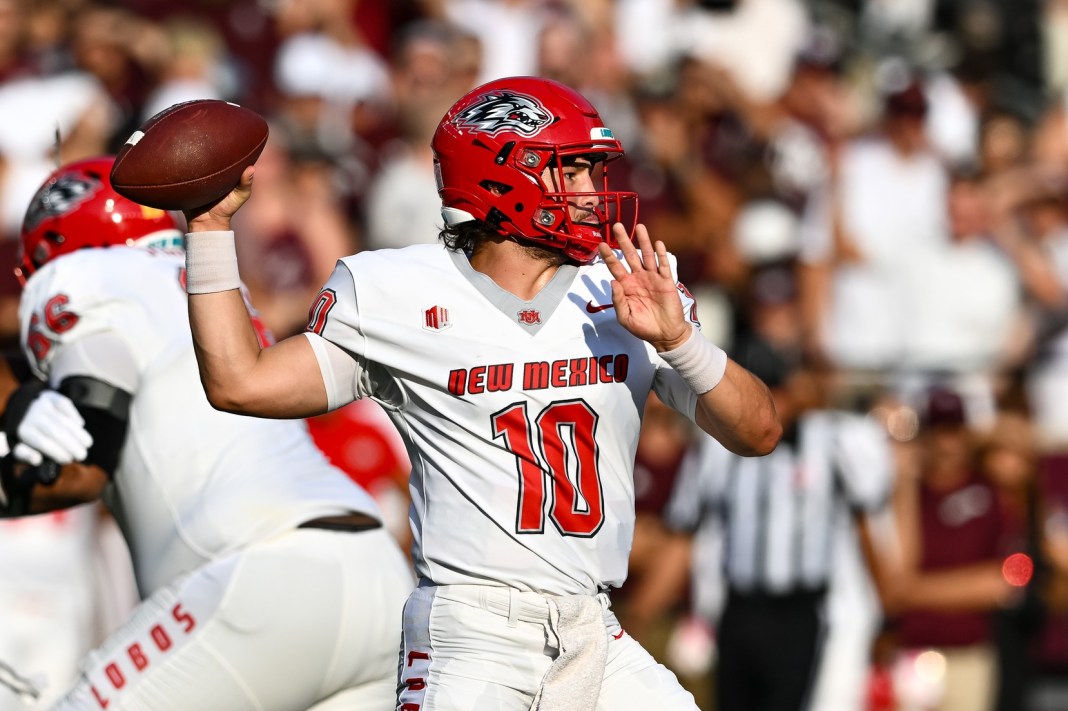 New Mexico Lobos quarterback Dylan Hopkins (10) throws the ball during the first quarter against the Texas A&M Aggies at Kyle Field on September 2, 2023.