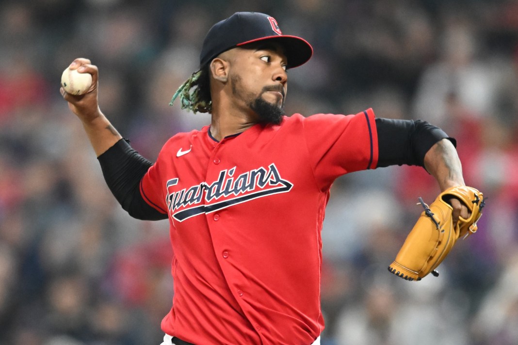 Cleveland Guardians relief pitcher Emmanuel Clase (48) throws a pitch during the ninth inning against the Boston Red Sox at Progressive Field on June 7, 2023.