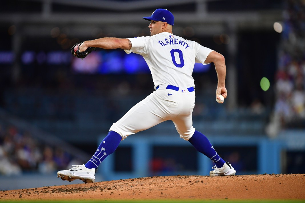 Los Angeles Dodgers pitcher Jack Flaherty (0) throws against the Baltimore Orioles during the third inning at Dodger Stadium on August 27, 2024.