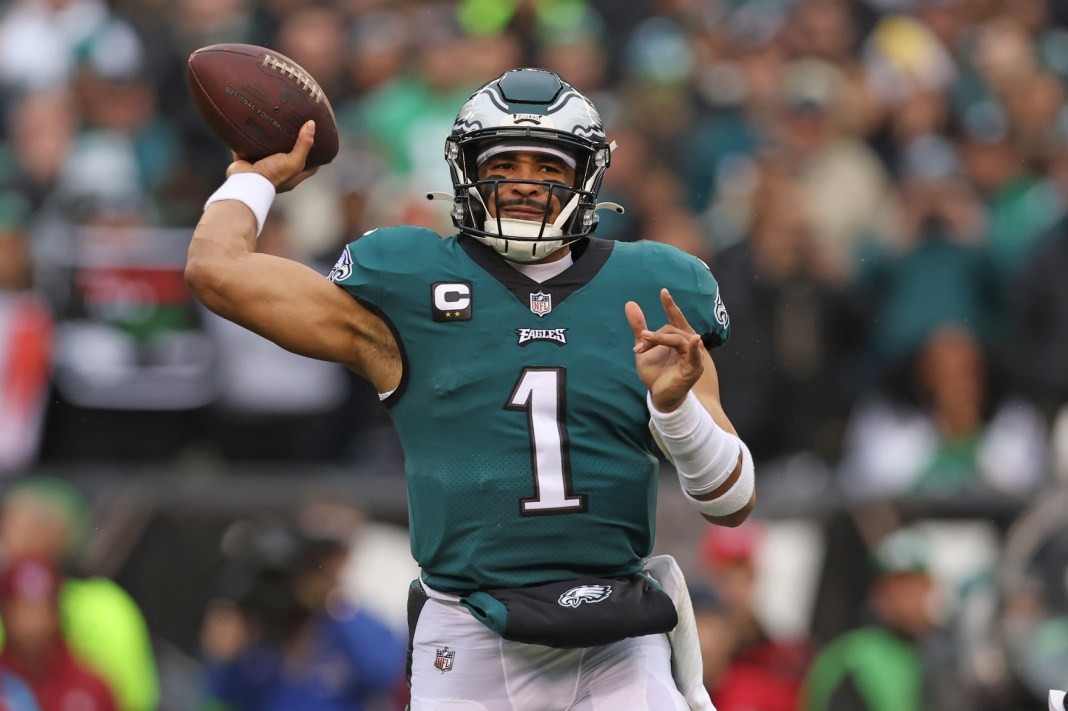 Philadelphia Eagles quarterback Jalen Hurts (1) throws a pass during the first quarter of the NFC Championship game against the San Francisco 49ers at Lincoln Financial Field in Philadelphia, Pennsylvania, on January 29, 2023.