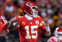 Final Field Named For 2025 Circa Friday Football Invitational Kansas City Chiefs quarterback Patrick Mahomes (15) throws on the run in the first quarter of the AFC championship NFL game between the Cincinnati Bengals and the Kansas City Chiefs