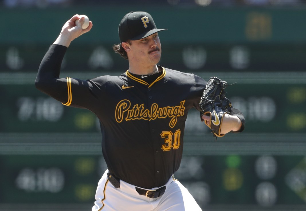 Pittsburgh Pirates starting pitcher Paul Skenes (30) delivers a pitch against the Chicago Cubs during the first inning at PNC Park on August 28, 2024.