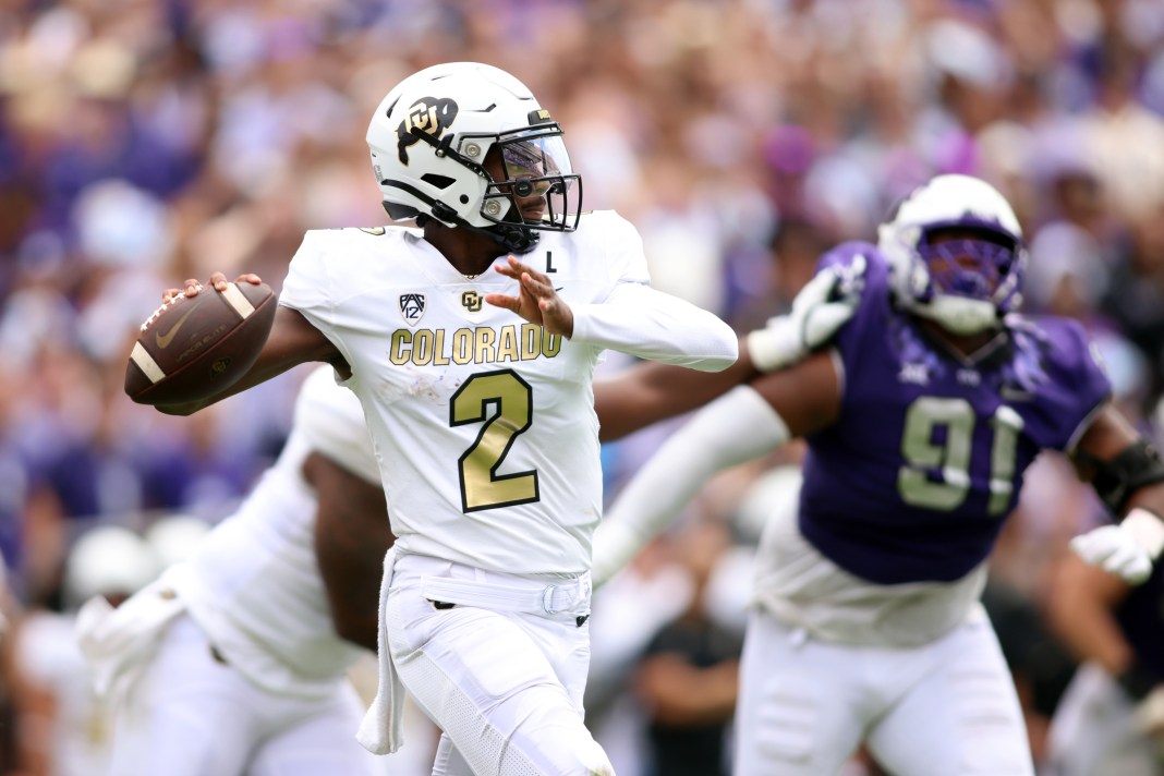 Colorado Buffaloes quarterback Shedeur Sanders (2) throws a pass during the second quarter against the TCU Horned Frogs at Amon G. Carter Stadium on September 2, 2023.