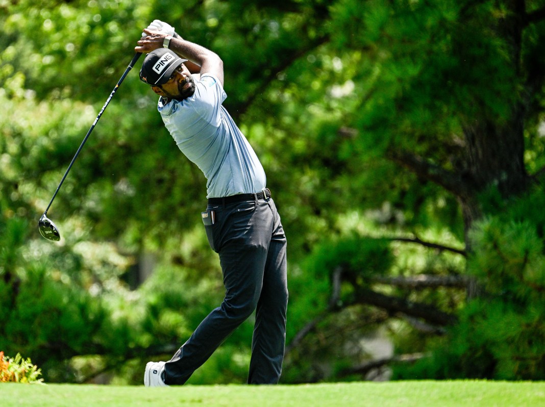 Sahith Theegala plays his shot from the 17th tee during the second round of the FedEx St. Jude Championship golf tournament at TPC Southwind on August 16, 2024.
