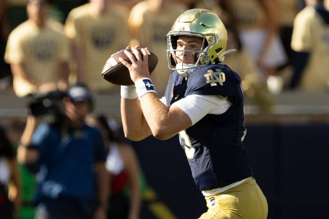Notre Dame quarterback Riley Leonard looks for an open receiver during a NCAA college football game between Notre Dame and Northern Illinois at Notre Dame Stadium on Saturday, September 7, 2024, in South Bend.