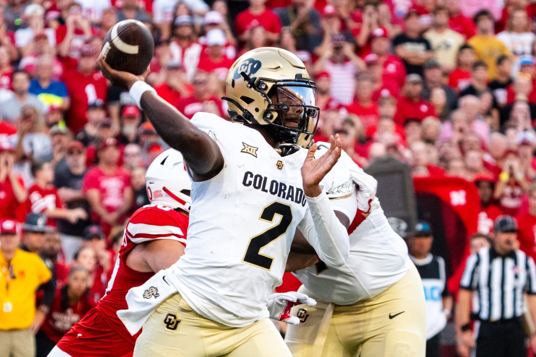 Colorado Buffaloes quarterback Shedeur Sanders (2) passes against the Nebraska Cornhuskers during the second quarter at Memorial Stadium on September 7, 2024.