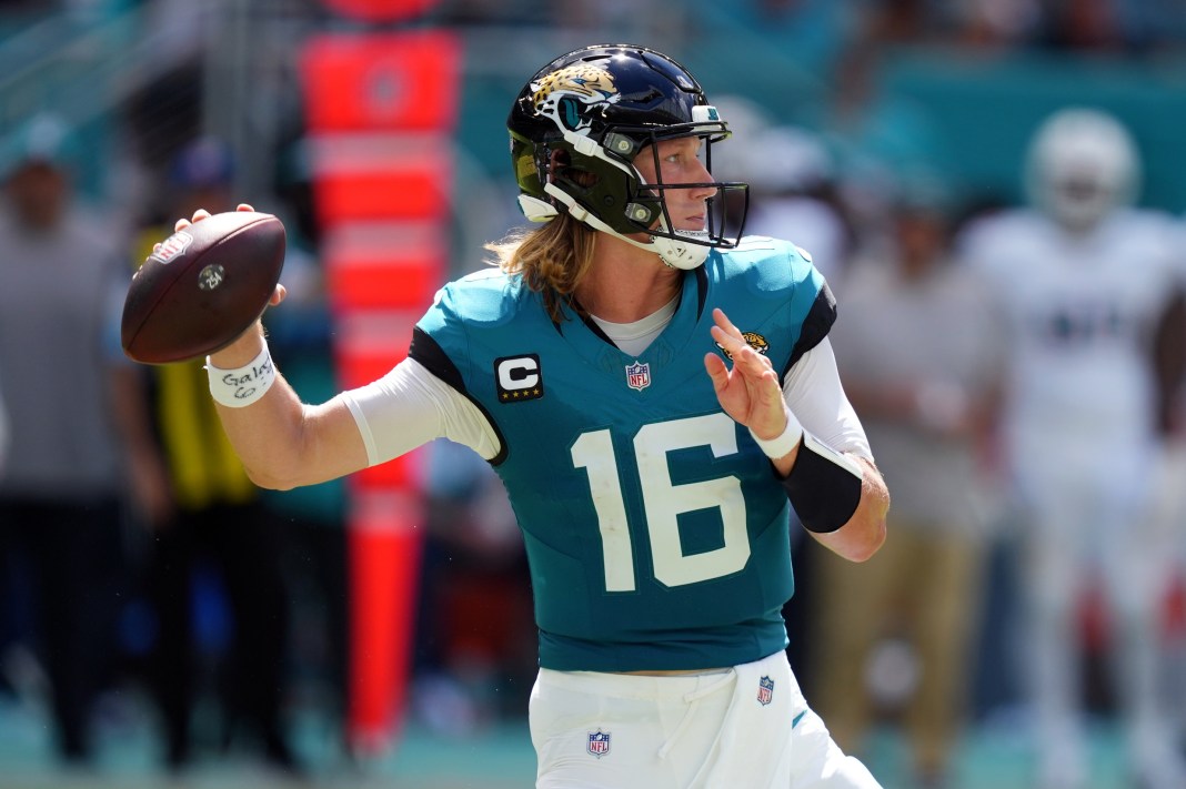 Jacksonville Jaguars quarterback Trevor Lawrence throws a pass against the Miami Dolphins in Week 1 of the 2024 NFL season. AFC South