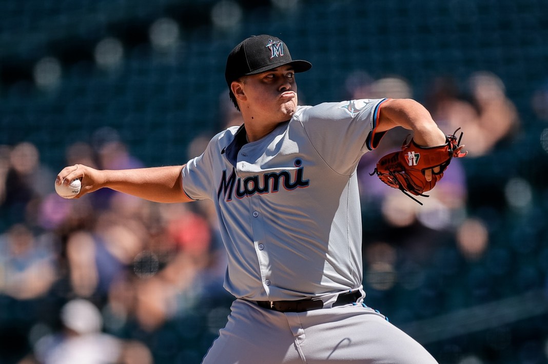 Miami Marlins starting pitcher Valente Bellozo (83) pitches in the first inning against the Colorado Rockies at Coors Field on August 29, 2024.