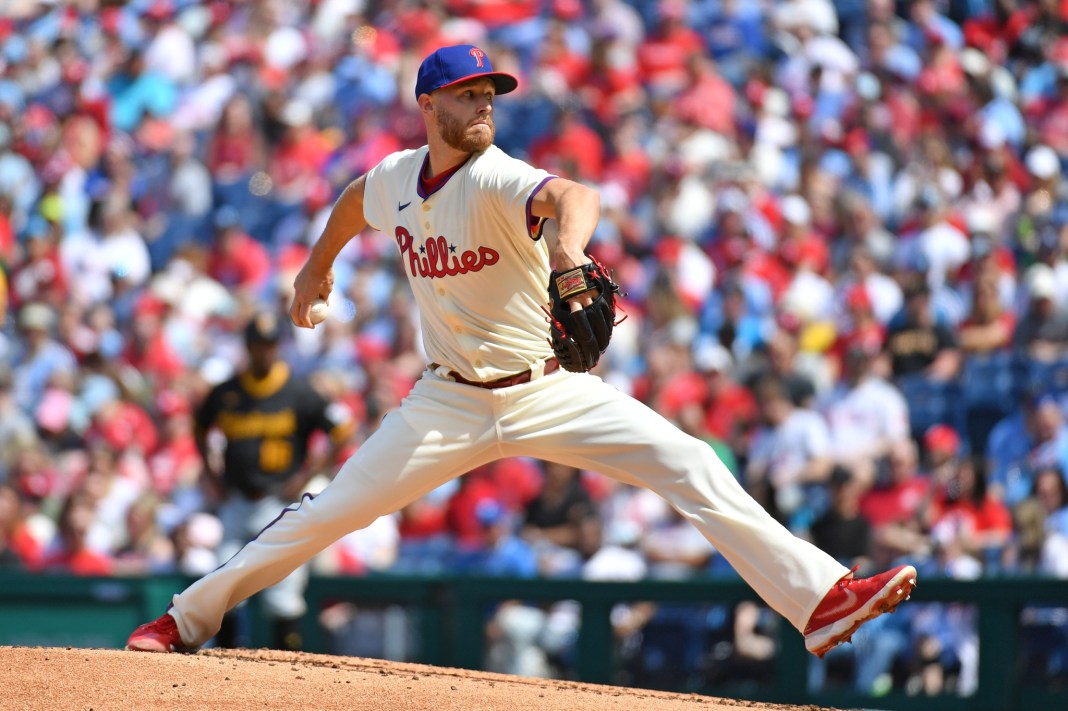 Philadelphia Phillies pitcher Zack Wheeler (45) throws a pitch during the second inning against the Pittsburgh Pirates at Citizens Bank Park on April 14, 2024.