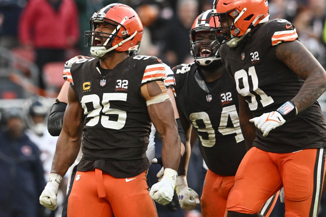 Cleveland Browns defensive end Myles Garrett (95) celebrates after making a tackle during the second half of the game against the Chicago Bears at Cleveland Browns Stadium on December 17, 2023.