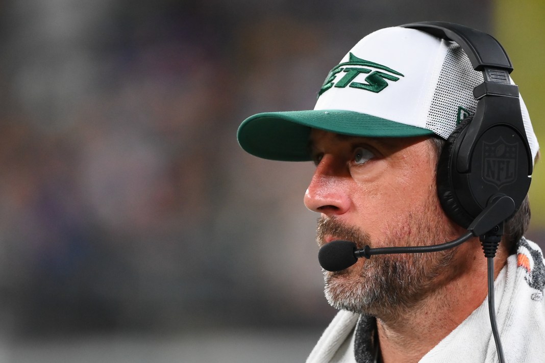New York Jets quarterback Aaron Rodgers (8) looks on against the New York Giants during the second half at MetLife Stadium on August 24, 2024.