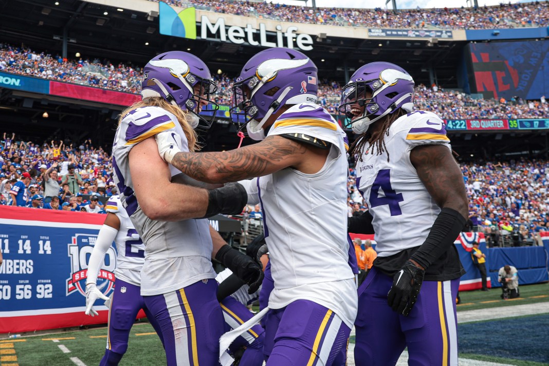 Minnesota Vikings linebacker Andrew Van Ginkel (43) celebrates his interception return for a touchdown against the New York Giants during the second half at MetLife Stadium on September 8, 2024.
