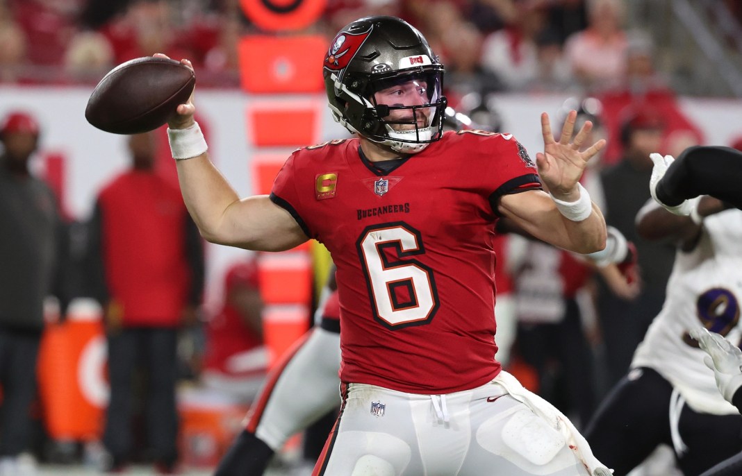 Tampa Bay Buccaneers quarterback Baker Mayfield (6) throws the ball against the Baltimore Ravens during the second half at Raymond James Stadium NFC South