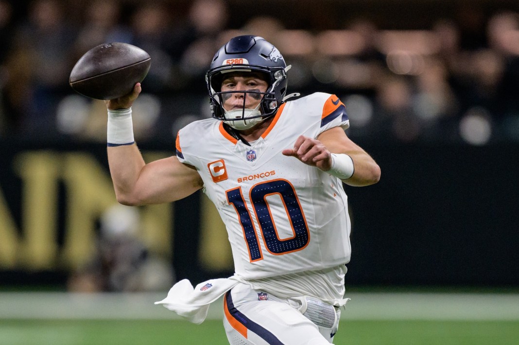 Denver Broncos quarterback Bo Nix (10) throws during the first quarter against the New Orleans Saints nfl betting splits
