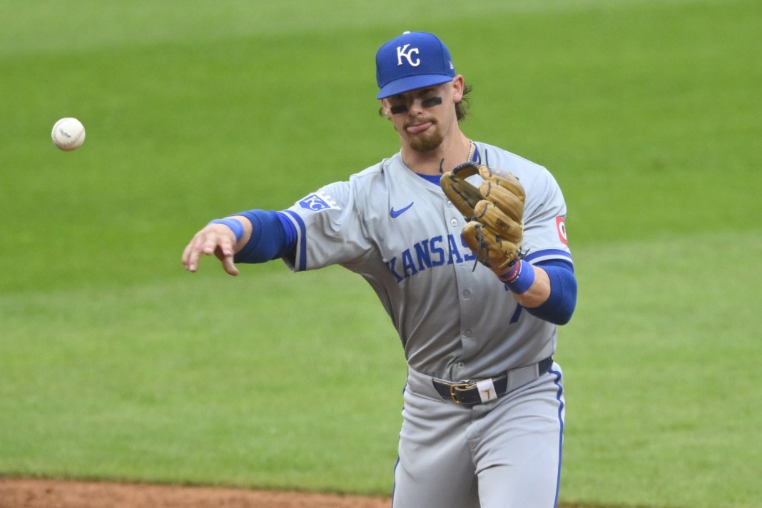 Kansas City Royals shortstop Bobby Witt Jr. (7) throws to first base during the fourth inning against the Cleveland Guardians at Progressive Field on June 4, 2024.